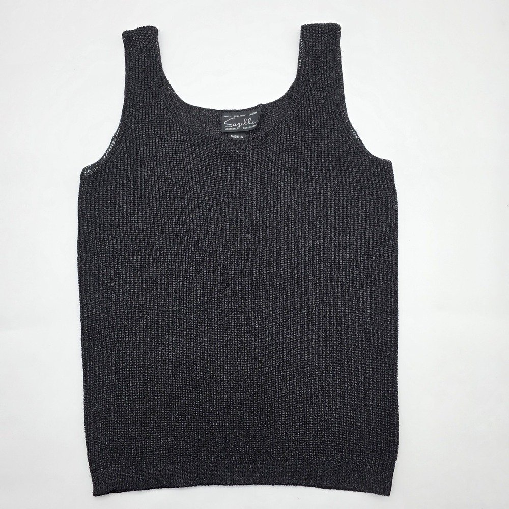 Suzelle Knit Tank Top Women M Black Metallic Sleeveless Scoop Neck Quiet Chic